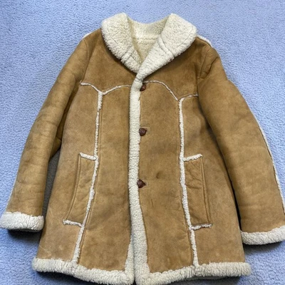 VINTAGE The Sheep Shack Coat Mens 42 Tan Shearling Sheepskin Suede Made USA 70s - Image 1 of 4