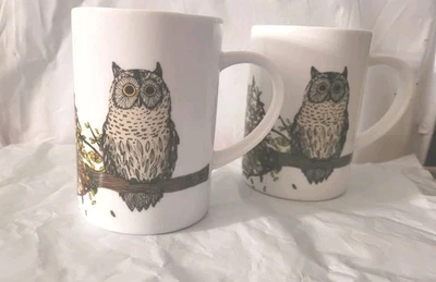 West Elm Rachel Kozowski Ceramic Owl Mugs AUTUMN FALL Baby Owls Leaves Set/2 - Image 1 of 3