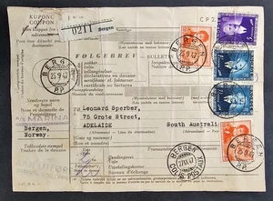1947 Norway Reg Coupon ties 5 stamps cd Bergen-Adelaide - Picture 1 of 2
