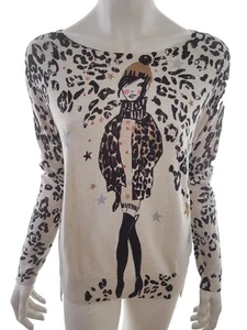 Oui Size 38 Ivory Blouse Cotton 100% Long Sleeve Animal Print - Picture 1 of 5