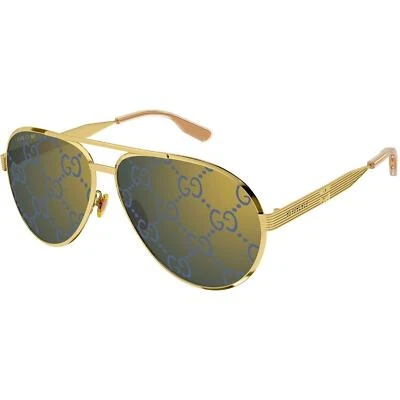  Gucci GG1513S 005 Sunglasses Gold GG Logo Blue Mirror Lenses Pilot AUTHENTIC - Image 1 of 4