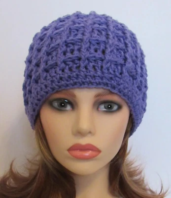 手工 BEANIE 帽子 CHEMO 中号紫色华夫纹理镂空 ACRYLIC — 第 1/4 张图片