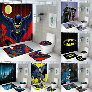 Batman Bathroom 4PCS Rug Set Waterproof Shower Curtain Non-Slip Toilet Lid Cover