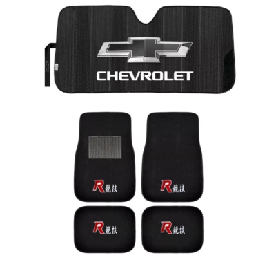 NEW R RACING 4pc Carpet Car Truck Floor Mats & CHEVY LOGO BLACK AUTO Sunshade - Image 1 of 4