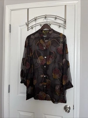 MIRASOL Embroidered Womens Brown Floral Silk Blend Sheer Long Sleeve Top MEDIUM - Image 1 of 4