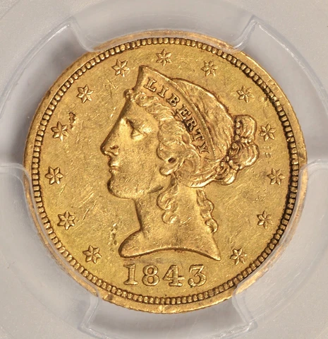 1843-O Liberty Head Half Eagle Gold PCGS AU50 PCGS Guide $5000! #CPN6 $5 Cover
