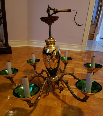 Vintage Murano Glass Venetian 6 Light Chandelier Brass Green Glass Gold Floral Cover