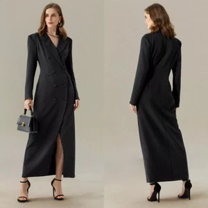 Women Formal Business Long Suit Dress Double Breasted Peak Lapel Slim Tailored - Picture 1 of 7