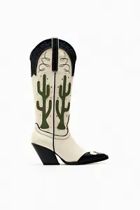 ZARA WOMEN CONTRASTING KNEE HIGH CACTUS COWBOY BOOTS SZ 6.5 EU37 | 3006/110 - Picture 1 of 6