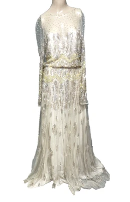 New $6,845 Monique Lhuillier Gold Silver Sequin Embroidered Tulle Dress Gown 8 - Image 1 of 4