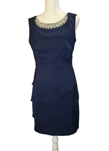 Dress Size 10 Petite Blue Sleeveless Knee Length White Beaded Neckline New Tag - Picture 1 of 24