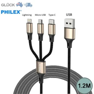 Philex 3-In-1 Charging Cable Lightning/Micro/USB C for Apple iPhone/Samsung Gold - Picture 1 of 1