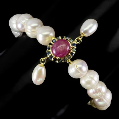 925 Sterling Silver Bracelet Oval Ruby 9x8mm Pearl Sapphire Gemstone Jewelry 8in - Image 1 of 4