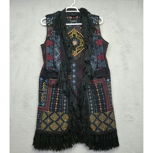 Y2K Paparazzi Vest Sz S Black Fringe Duster Cardigan Western Boho Festival - Picture 1 of 17