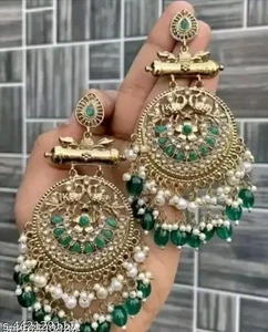 Designer Polki Kundan Green Jhumka Festive Inspired Girls Wear Beautiful Earring - Picture 1 of 7