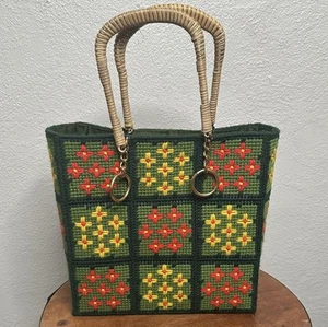 Handmade Vintage Needlepoint Grandma Squares Floral Purse - Picture 1 of 7