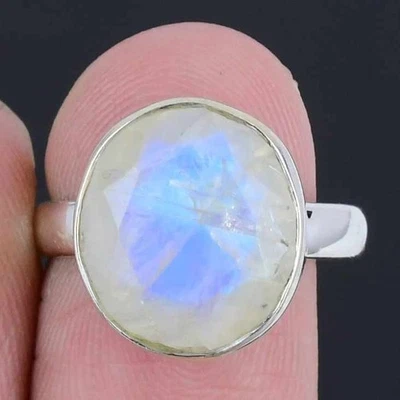 Piedra lunar arco iris piedra facetada 925 plata Art Deco racimo anillo joyería talla 8 Foto 1 de 4