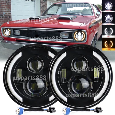 Fit Plymouth Duster 340 1970-1975 Red Halo 7" inch Round LED Headlights Hi/Lo H4 - Image 1 of 4