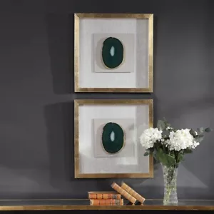 TWO MODERN KEEVA XXL 20" EMERALD GREEN AGATE STONE SHADOW BOXES UTTERMOST 04187 - Picture 1 of 7