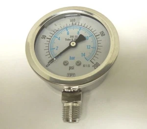 Pressure Gauge 200 PSIG 14 Bar 2-1/2" Face 1/4" NPT Lower 316S/S Filled 17ER21 - Picture 1 of 3