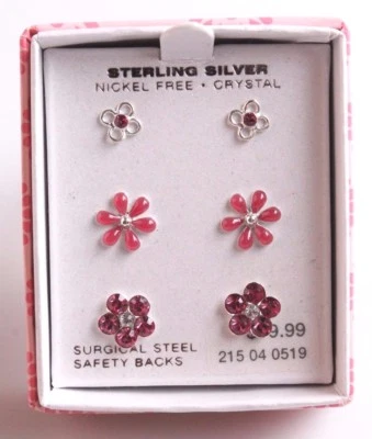 3 Paia Ragazze Argento Sterling 925 Rosa Cristallo Chiaro Fiore Post Orecchini - Immagine 1 di 2