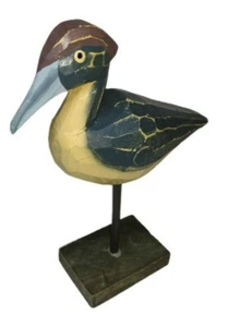 Vtg Hand Painted Carved Wood Shore Bird On Base Pelican Seagull Yellow Blue 7+" - Picture 1 of 10