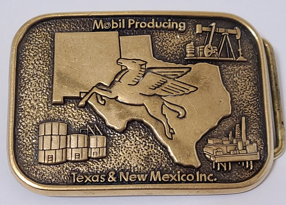 Hebilla de cinturón de latón macizo Mobil Oil Pegasus Texas y Nuevo México de colección BTS 1983 RARA Foto 1 de 4