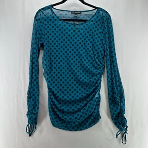 INC International Concepts Top Sz M Be Bold Sheer Ruched Sleeve Polka Teal Black - Picture 1 of 12