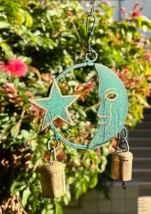 Metal Star Moon Wind Chime Cow Bell Antique Patina Rustic Garden Patio Decor - Picture 1 of 7