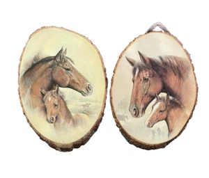 Vintage Hand Crafted Horse & Colt Prints on 10.5" Cut Tree Wood (2) - Picture 1 of 12