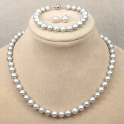 Genuine 7-8mm Natural Gray Freshwater Pearl Necklace Bracelet Earrings Set 18'' - Image 1 of 4