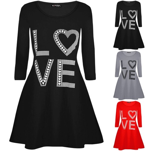 VALENTINO Womens Ladies Love Heart Diamond Long Sleeve Valentines Flared Swing Mini Dress