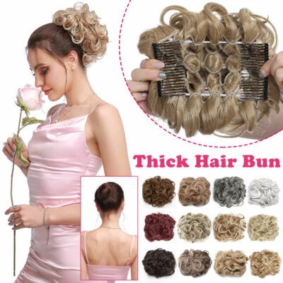 Extension Capelli 100% SPESSI Ricci Chignon Disordinato Bun Updo Real Natural Come Umano US - Immagine 1 di 4