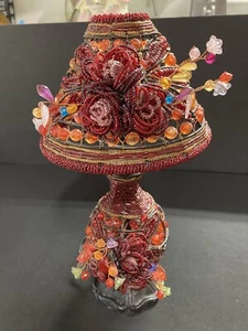 Vintage Victorian Turkish Style Lamp Hand Made With Multicolored Beads & Lace - Picture 1 of 16