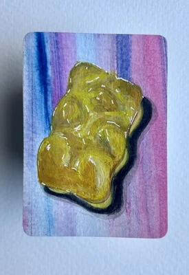 Aceo Original Gouache and Acrylic - Yellow Gummy Bear mini art card painting - Image 1 of 3
