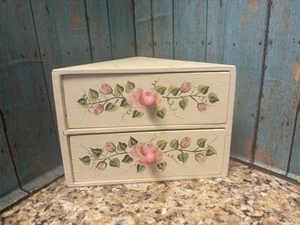 Vintage 2 Drawer Hand Painted Floral Wooden Trinket Corner Fit Jewelry Box - Picture 1 of 9
