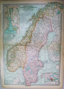 CENTURY ATLAS MAP PAGE PLATE NO.95 NORWAY AND SWEDEN  1911 VINTAGE - Picture 1 of 3
