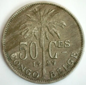 1929 Belgian Congo Copper Nickel 50 Centimes Coin Extra Fine Circulated Flemish - Picture 1 of 2