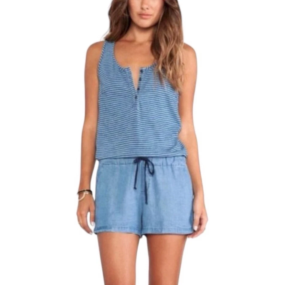 Splendid Womens Size S Small Romper Blue Stripe Denim Buttons Sleeveless Cotton - Image 1 of 4