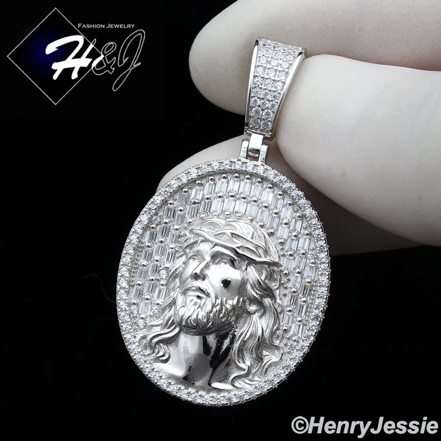 HOMBRE 925 PLATA ESTERLINA ICY BLING BAGUETTE CIRCONITA 3D CARA DE JESÚS COLGANTE OVALADO*SP385 Foto 1 de 4