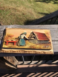 Vintage Folk Art 3D Wood Nadeau Artist Signed Old Woman Oven Bread Wall Kitchen - Picture 1 of 8