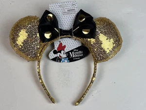 Disney Minnie Mouse Gold Sequined Ears Headband Black Gold Polka Dot Bow NWT - Picture 1 of 3