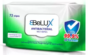 More details for antibacterial wet wipes kills 99.9% of germs (72 wipes per pack) cleaning belux