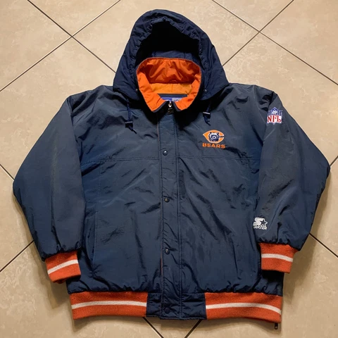 Vintage 90s STARTER Chicago Bears Full Zip Puffer Hoodie Jacket L NFL VTG Winter Cover