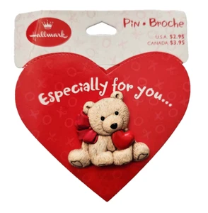 Hallmark PIN Valentines Vtg BEAR HEART Red Bow Teddy Brown 1998 Brooch 295 NEW - Picture 1 of 4