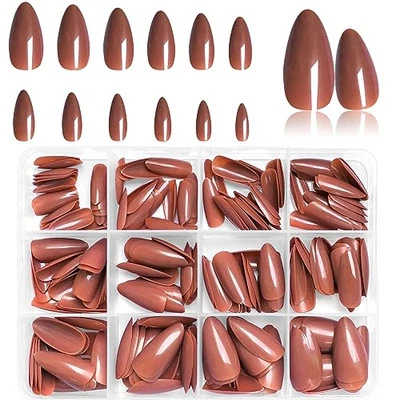  240pc Almond Press on Nails Medium Stiletto Colored Fake Saddle Brown - Image 1 of 4