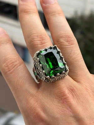 Anillo Turco Hecho a Mano Cruz Piedra Esmeralda Para Hombre, Plata de Ley 925 Bizantino Foto 1 de 4