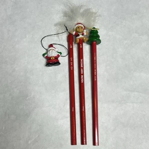 Vintage Christmas Pencil W/ Toppers Russ Troll Santa Claus Christmas Tree New - Picture 1 of 9