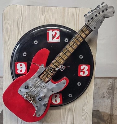 Handmade Electric Guitar Wall Clock Wood & Metal LARGE Musician Band  - Image 1 of 4