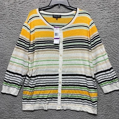 Jones New York Sweater Womens 2x XXL Yellow Combo Stripe Cardigan long Sleeve - Image 1 of 4
